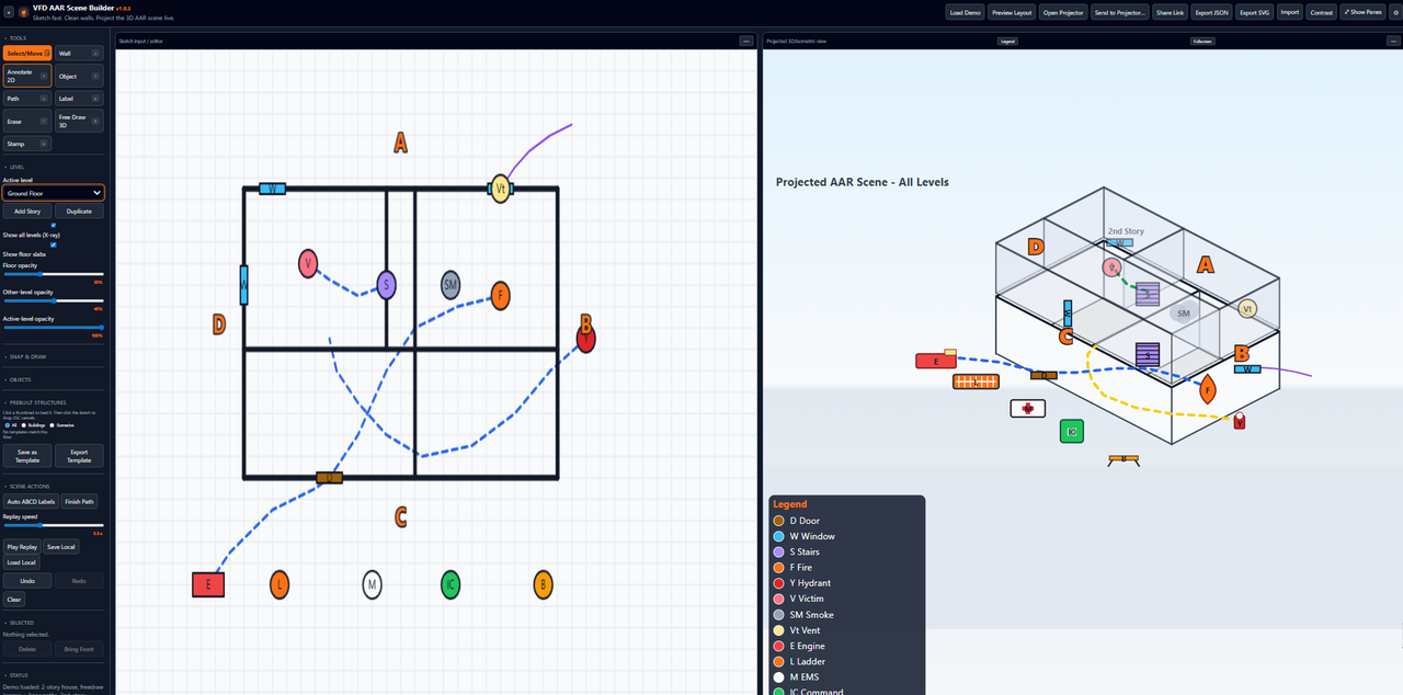 AAR Scene Builder &mdash; 2D sketch panel on the left, projected 3D isometric view on the right