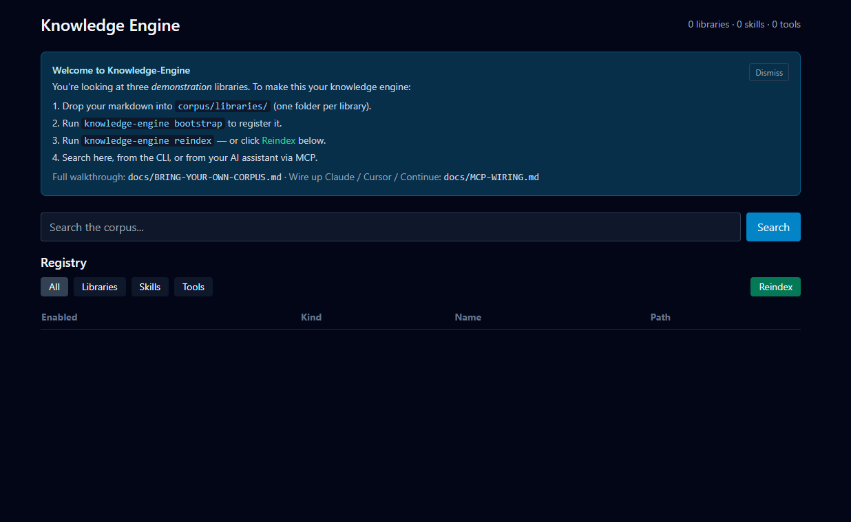 Knowledge-Engine — dark dashboard UI with full-text search bar and registry for libraries, skills, and tools